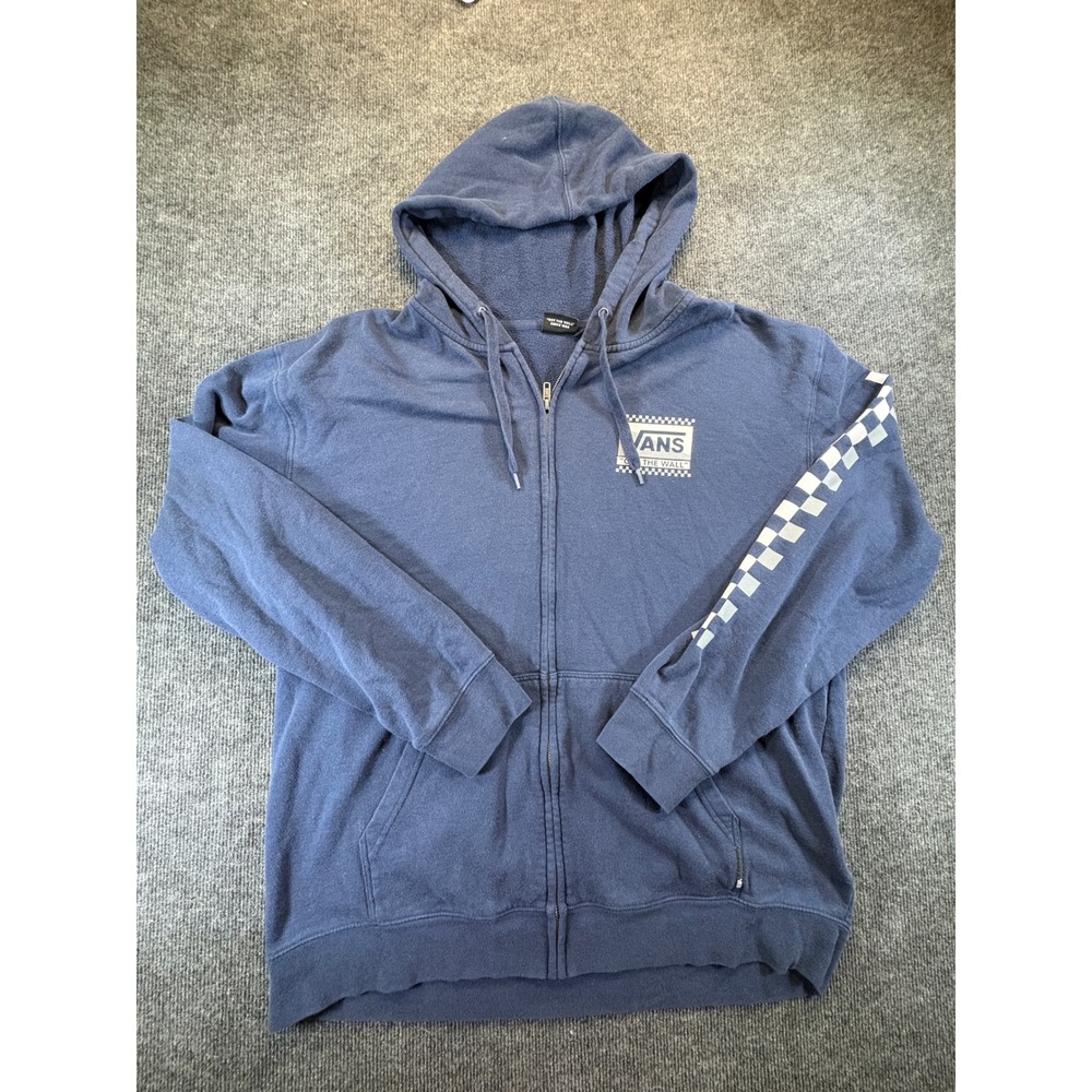 Vans Off The Wall Mens XXL Navy Blue Checkerboard Sleeve Zip Up Hoodie Fleece